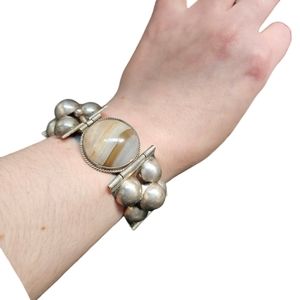 Banded Agate & Sterling Silver Bracelet Mexican Panel Vintage handmade